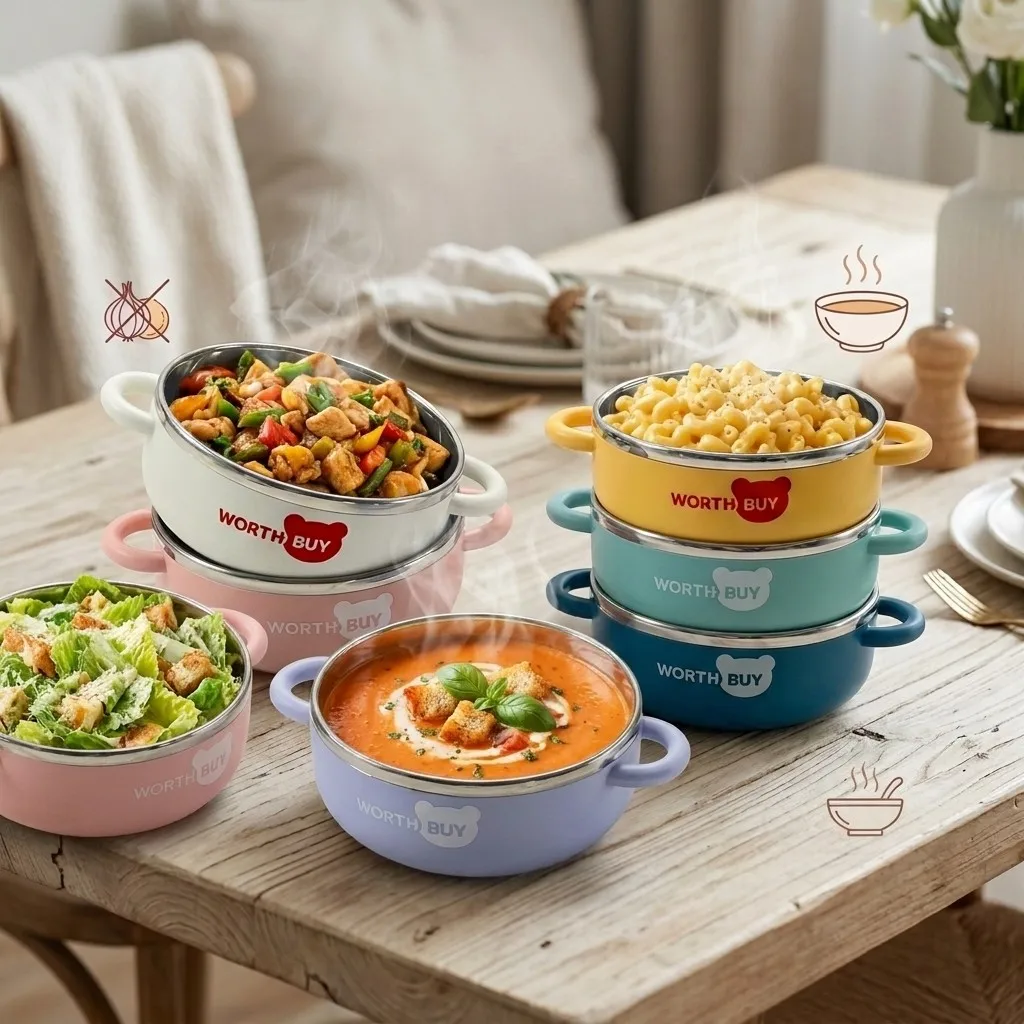 Cute 304 Stainless Steel Ramen Bowl Handle Soup Rice Fruit Salad Noodle Bowls Dishwasher Safe Kitchen Tableware for Kids Student