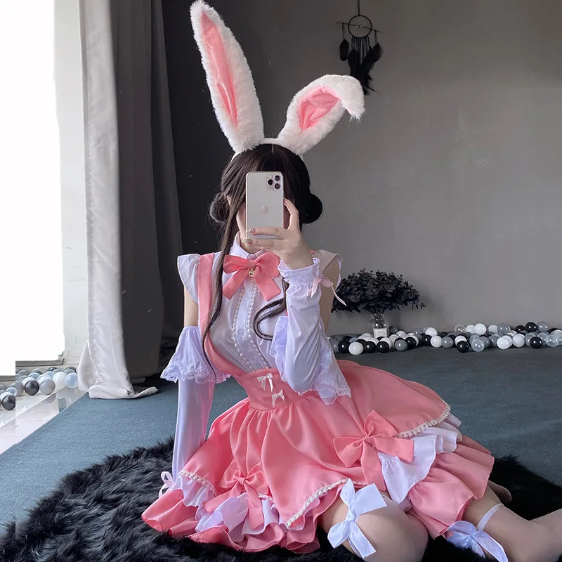 Vestido Lolita rosa doce para meninas, Garota japonesa da escola Kawaii, Trajes de Cosplay, Lolita Bunny, Uniforme de Garçonete de Halloween, 2024