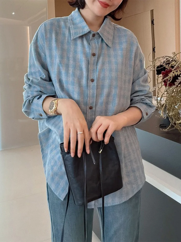 

Korean Plaid Long Sve irt Women's Loose Faionable Top Commute Sle Autumn Winter ular Design Casual Chic Blouse