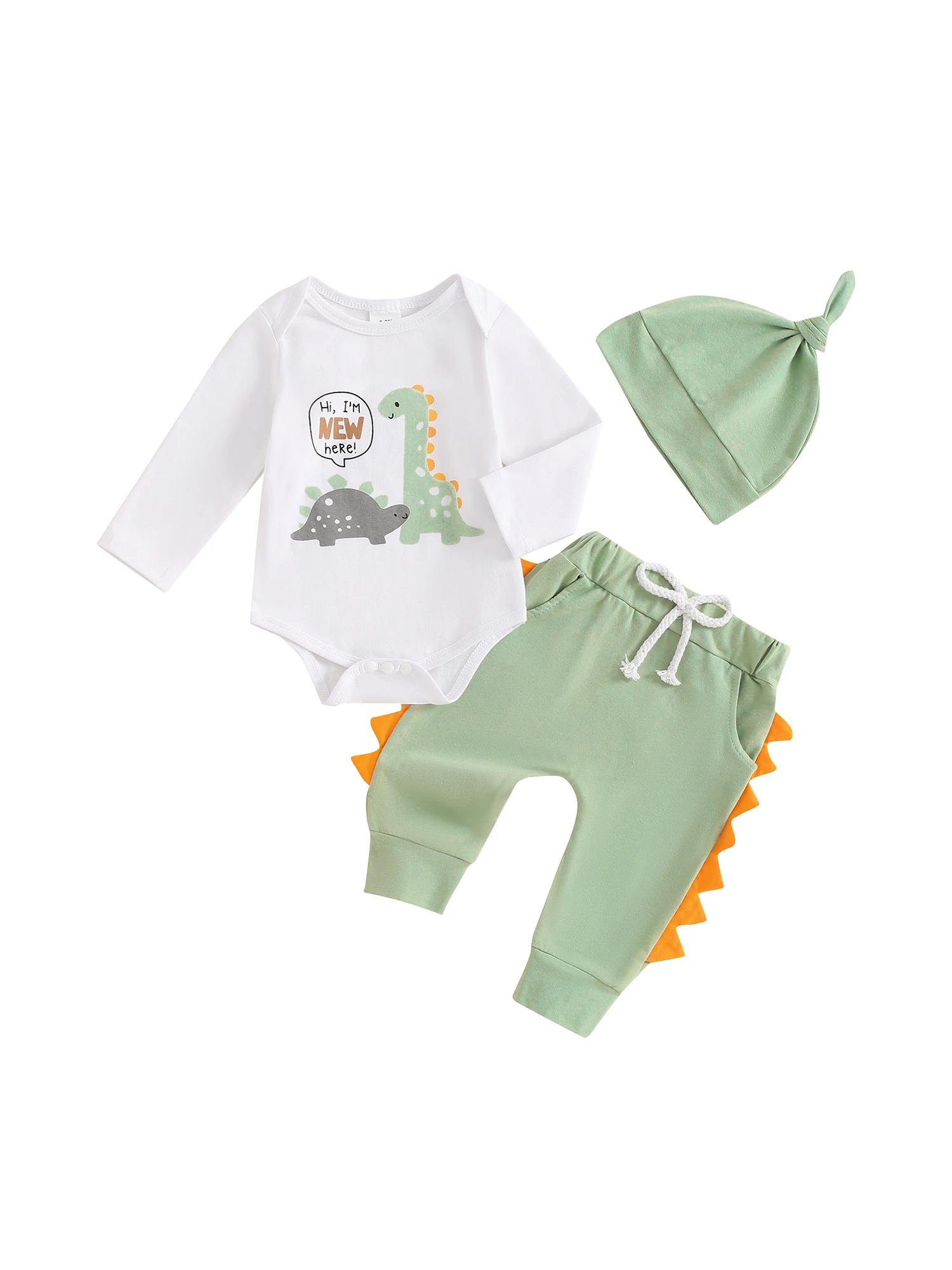 

Baby Boys Pants Set Long Sleeve Crew Neck Dinosaur Print Romper with Contrast Color Sweatpants and Hat Fall Outfit