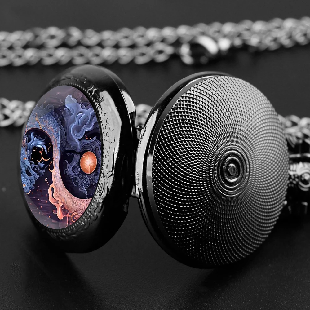 ساعة جيب بتصميم القمر يين ويانغ فريجون القوطي مع حافظة من خليط معدني للقلادة، ساعة حركة كوارتز للرجال والنساء والأطفال