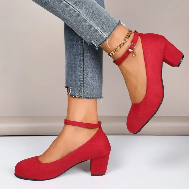 2024 High Quality Women's Shoes New Round Toe Solid Color Suede Shallow Mouth Thick Heel One-line Buckle  High Heels