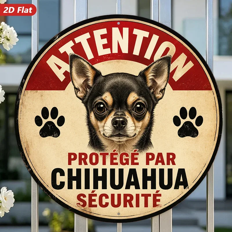 2D Flat, 1pc Round Metal Sign Wall Art, Chihuahua Themed Home Decor, Circular Shape, Paw Print Elements, French Text 