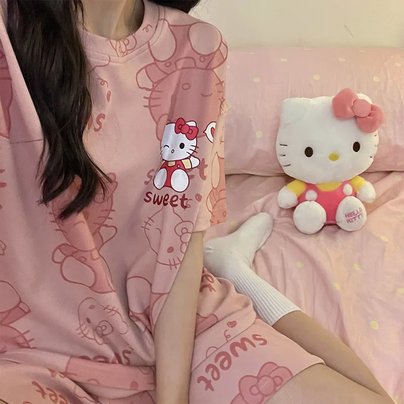 Hello Kitty Women's T-Shirt Set Pajamas Sanrio Kawaii Cinnamoroll Spring Y2K Short Sleeve Thin Cute Girls Casual Home Clothes