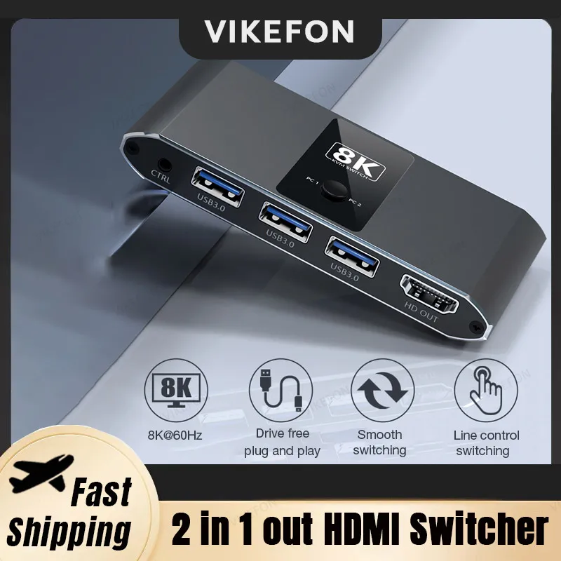 KVM Switch 8K Ultra Clear Screen Switch 2-in-1 HDMI Switch 4K120Hz Wired Control Switch for 2Computer Featuring Button Switch