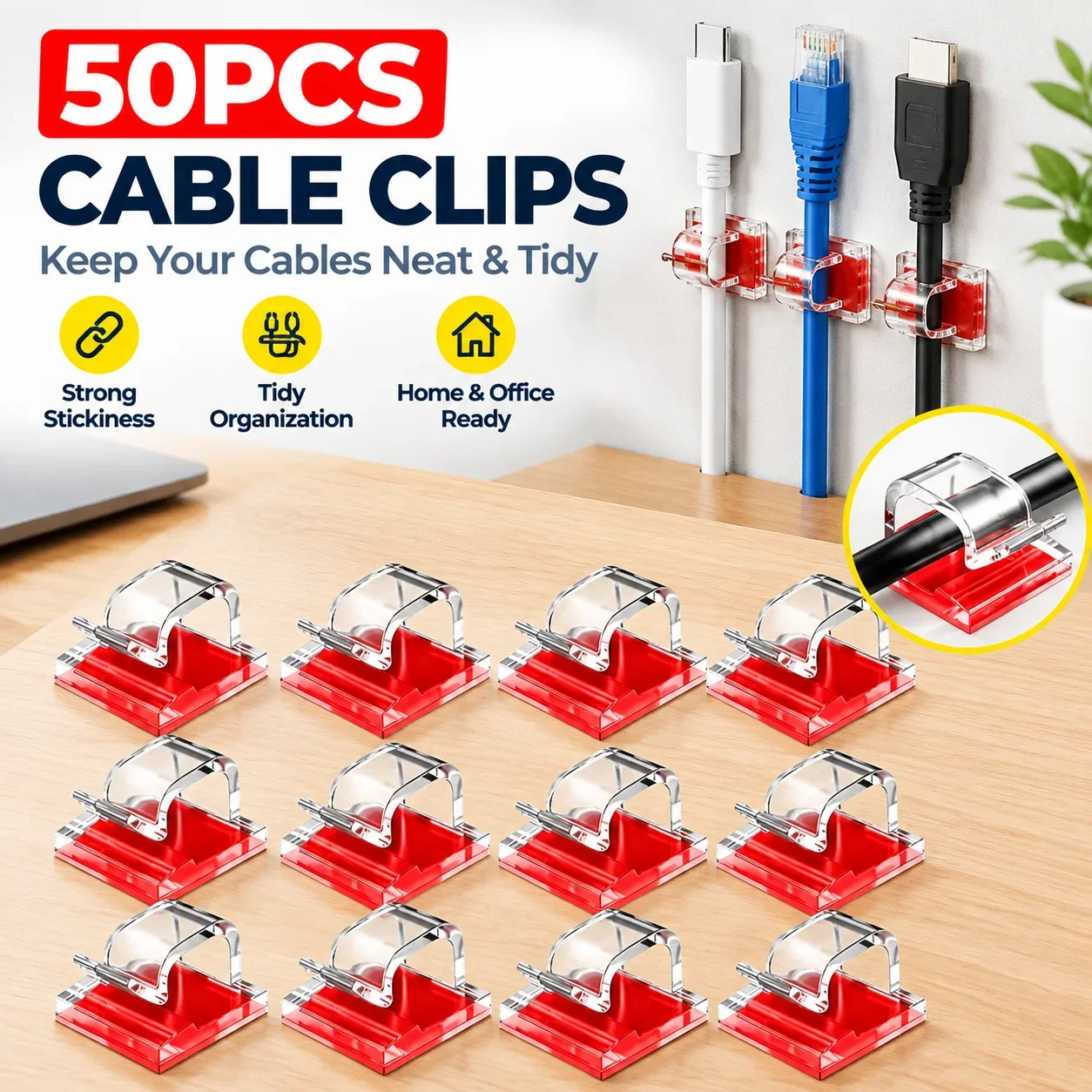 50PCS Acrylic Self-Adhesive Cable Clips Strong Stickiness Wire Organizer for Desktop Wall Ethernet Cord Management Tidy Home