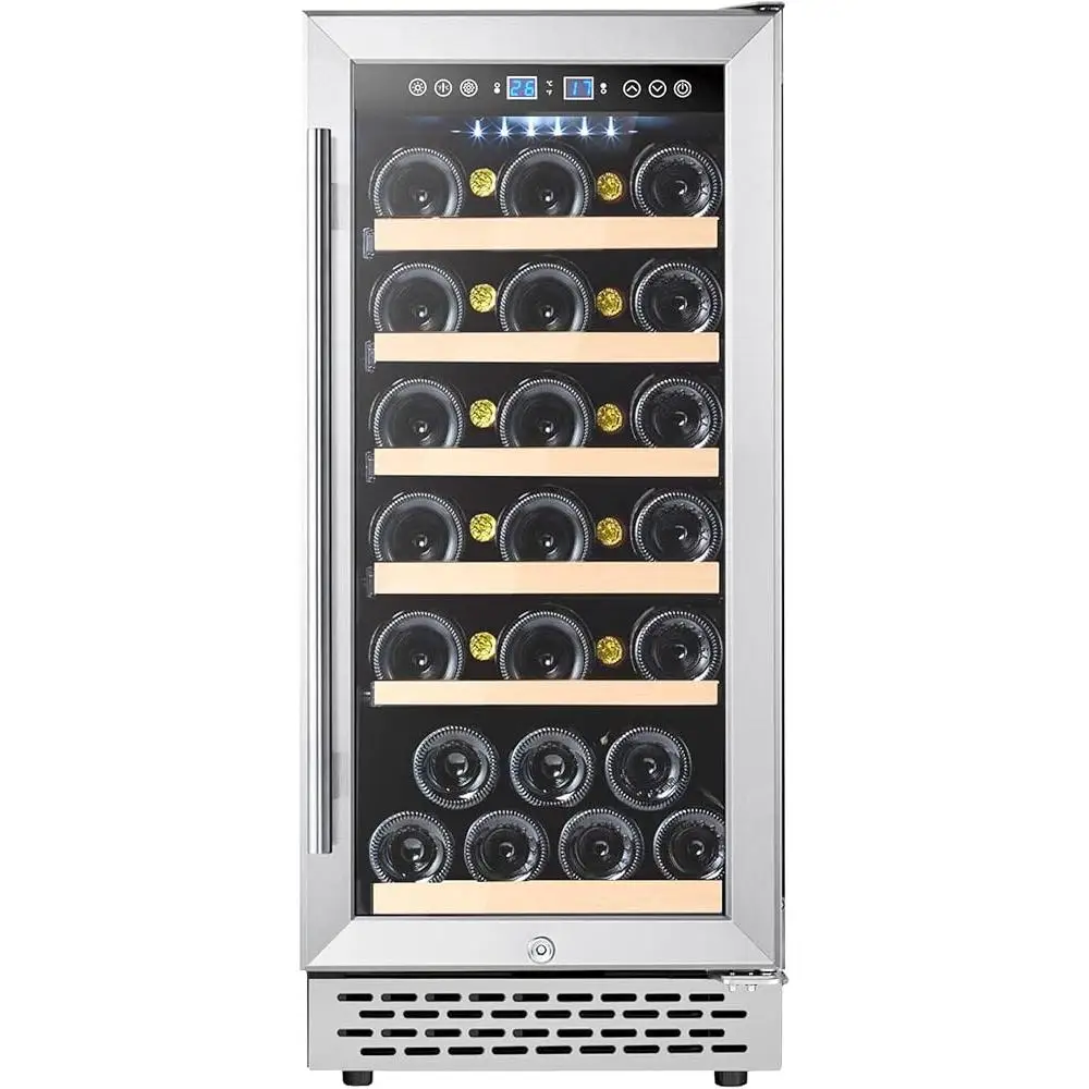 ثلاجة النبيذ 28 زجاجة التحكم الرقمي في درجة الحرارة ثلاجة مدمجة LED تعمل باللمس باب زجاجي قبو نبيذ صغير قائم بذاته