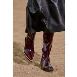 Men's Runway Pointed Toe Boots Patent Leather Chelsea Vintage Shoes Knee High Luxury Winter Snow Shoes 2023 Zapatos Para Hombres