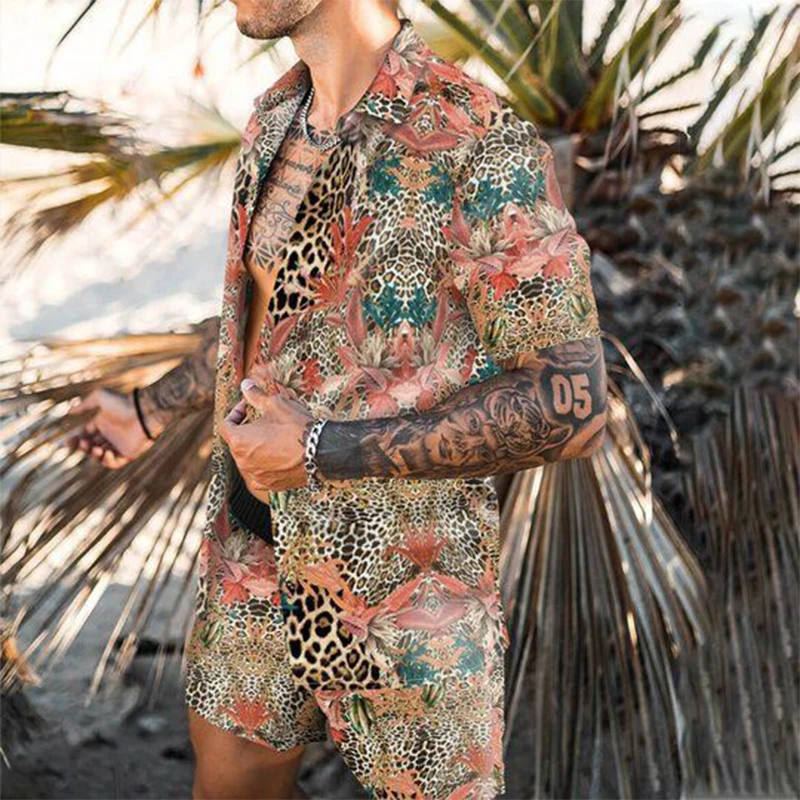 Men Hawaiian Sets Leopard Print Short Sleeve Button Shirt Beach Shorts Holiday Mens Two Piece Suit Cardigan High Quality Summer