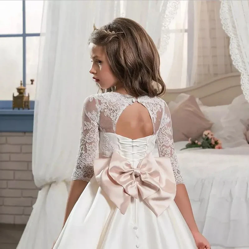 Robe de demoiselle d'honneur en satin couleur ivoire, en dentelle de tulle, manches courtes, ceintures à nœuds, pour enfants, bio poke, tenue de princesse pour fête d'anniversaire