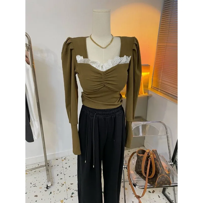 

Сшитый кружевной пуловер с квадратным вырезом и пышными рукавами, тонкий пуловер с длинными рукавами, футболка для женщин, зима