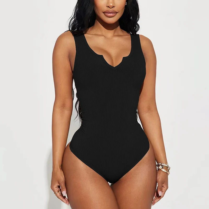 Europe and the United States Summer New Women's Sexy Fashion Slim V-neck Solid Color Tank Bodysuits