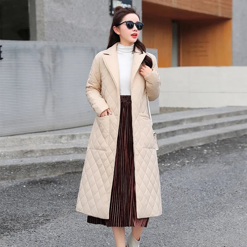 Winter Jacket Women 2025 New Fashion Belted Space Diamond Plaid Parkas Female Casual Long Over Knee  Down Cotton Coat Clothing