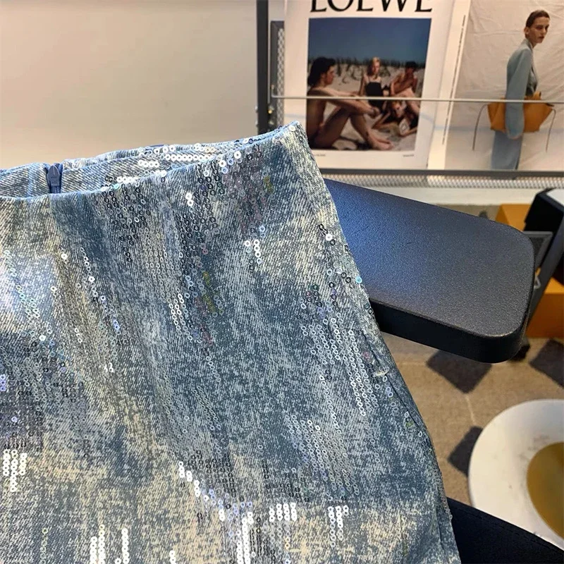 Jupe en jean taille haute à paillettes pour femmes, nouvelle version coréenne, design de niche rétro, mince, tout pour l'été