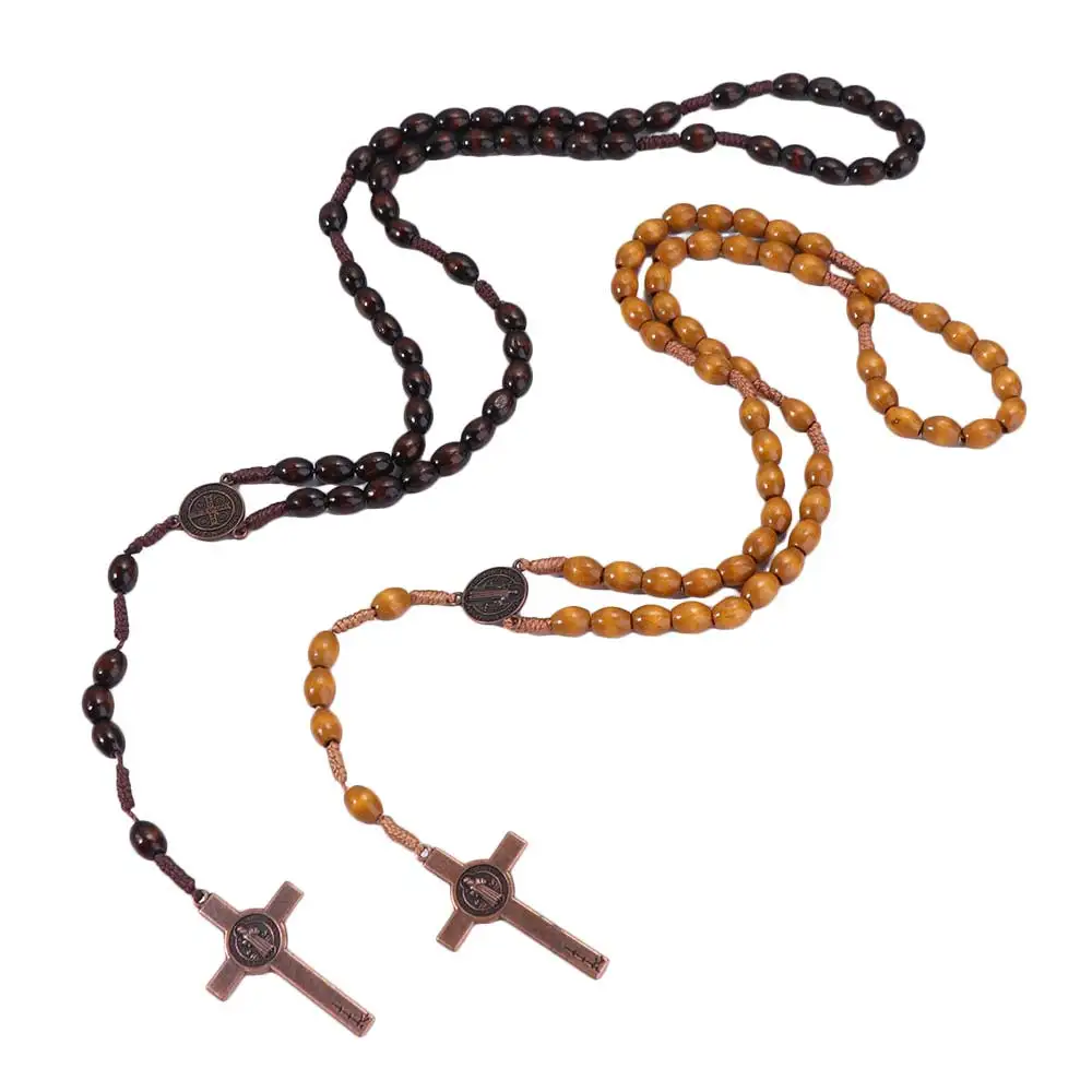 Car Hanging Ornament Handmade Rosary Necklace Religious Catholic Wood Beads Necklace Durable Deep Brown Crucifix Pendant Chain