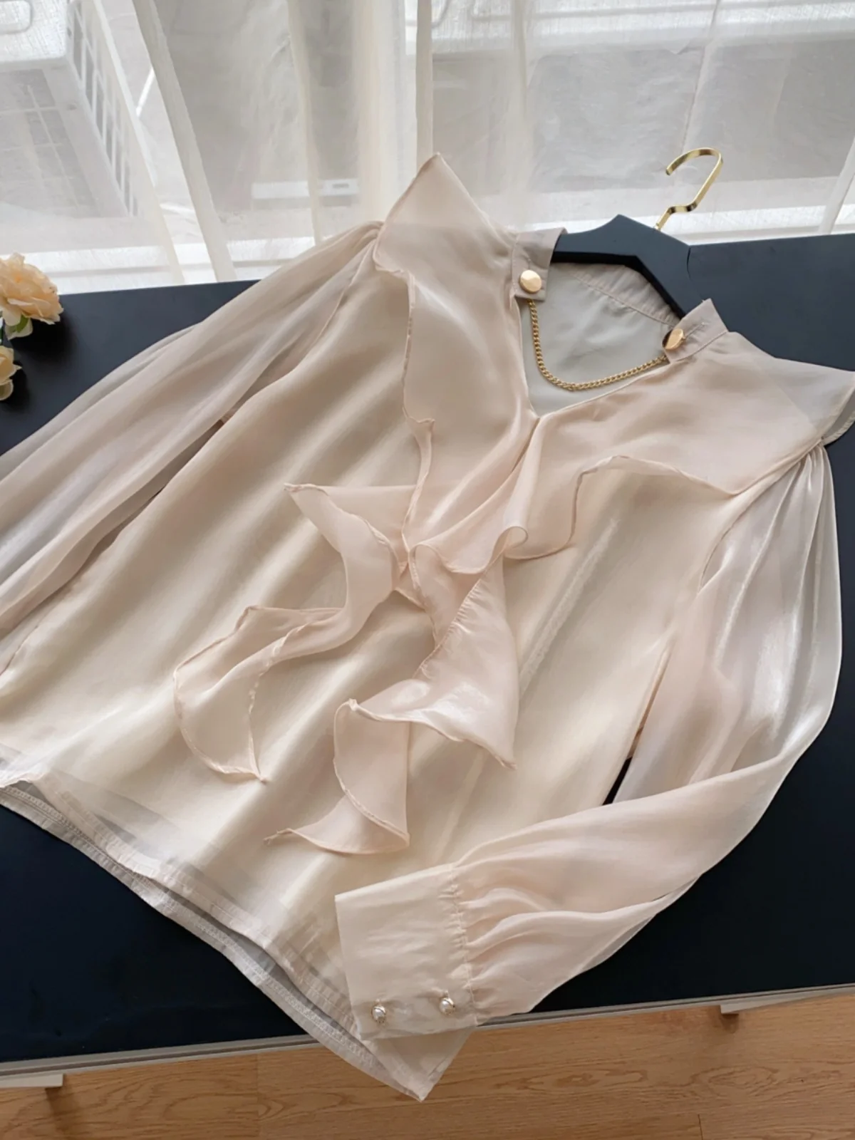 

Ele Loose Women's irt with Lace Trim Korean Sle Long Sve Commute Faion Airy Feel Autumn Top for Young Women