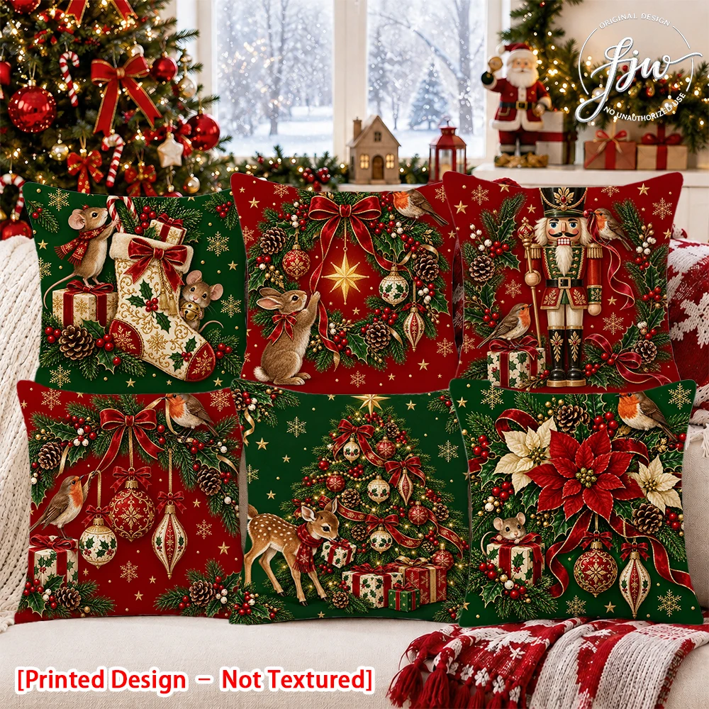 6pc Christmas Vintage Throw Pillow Covers Set of 6 Festive Holiday Decorative Cushion Cases for Sofa Bed Couch