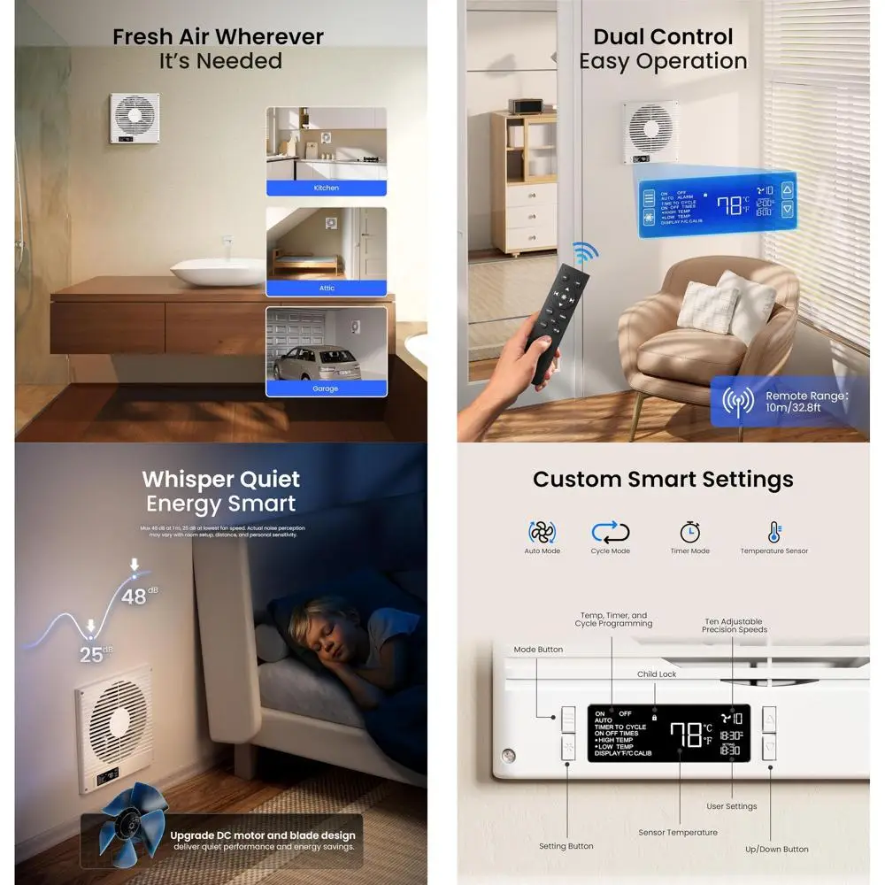 

8 Wall-to-Wall Air Transfer Fan with Remote, 10-Speed Smart Exhaust, Temperature Control for Rooms, ETL Certified