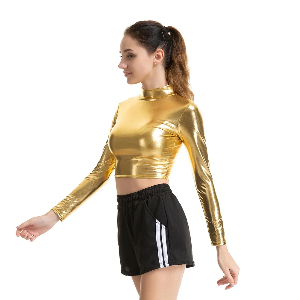 Golden Solid Color Patent Bustier Performance Costume Long Sleeve Tops For Women Cosplay Nightclub