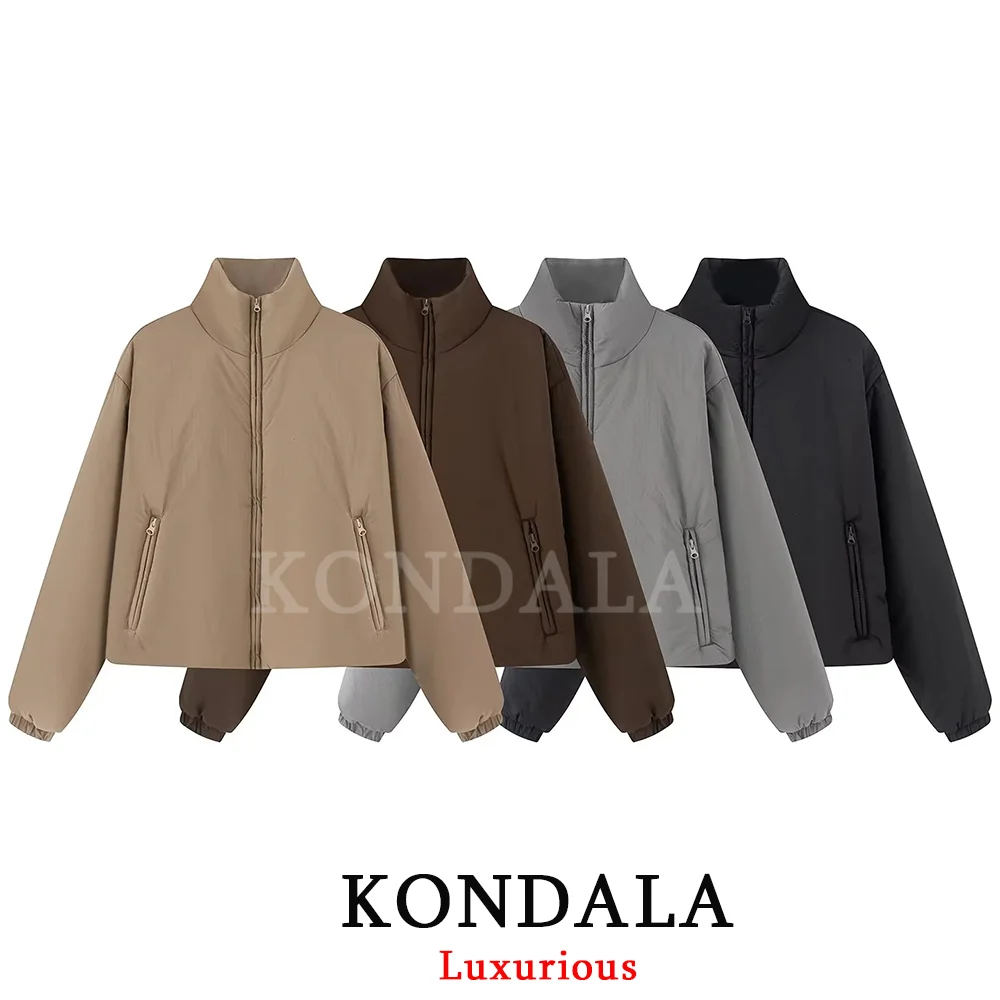 KONDALA Vintage Chic Women Padded Coat Stand Collar Zipper Pockets Long Sleeve Coat Fashion 2026 Autumn Winter Padded Coat