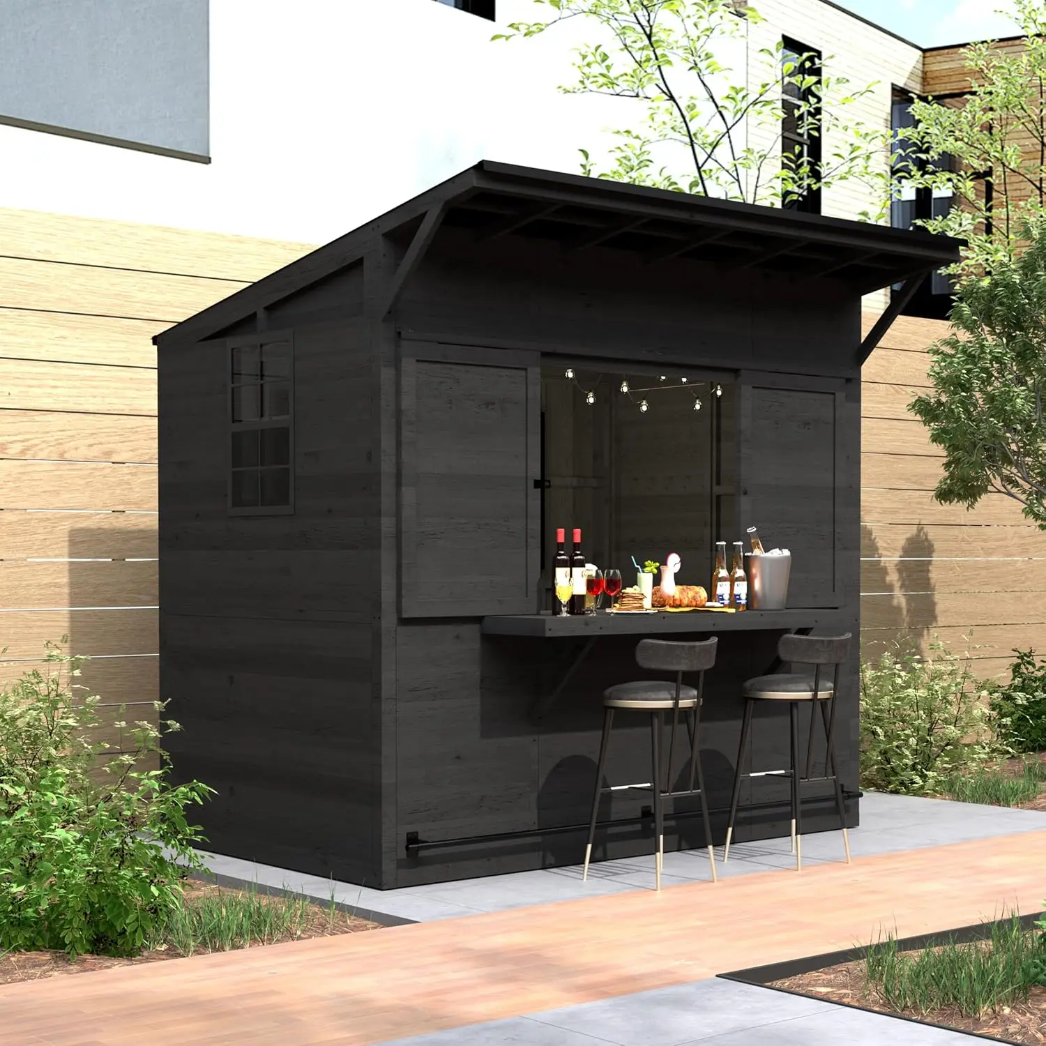 8x5 FT Wooden Bar Shed Metal Roof Slide Panel Outdoor Storage Farm Stand TV Bracket Countertop Lockable Door Black Customized