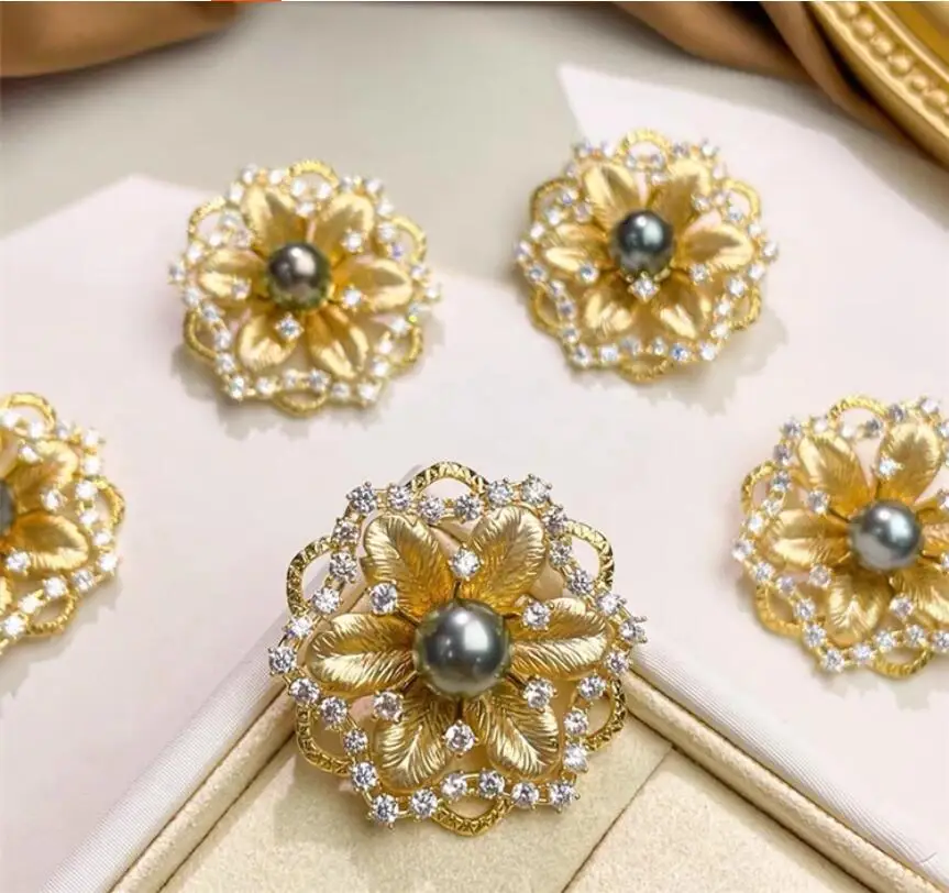 High-end brushed rose brooch, copper gold-plated zircon inlaid, elegant brooch, pearl brooch, empty support