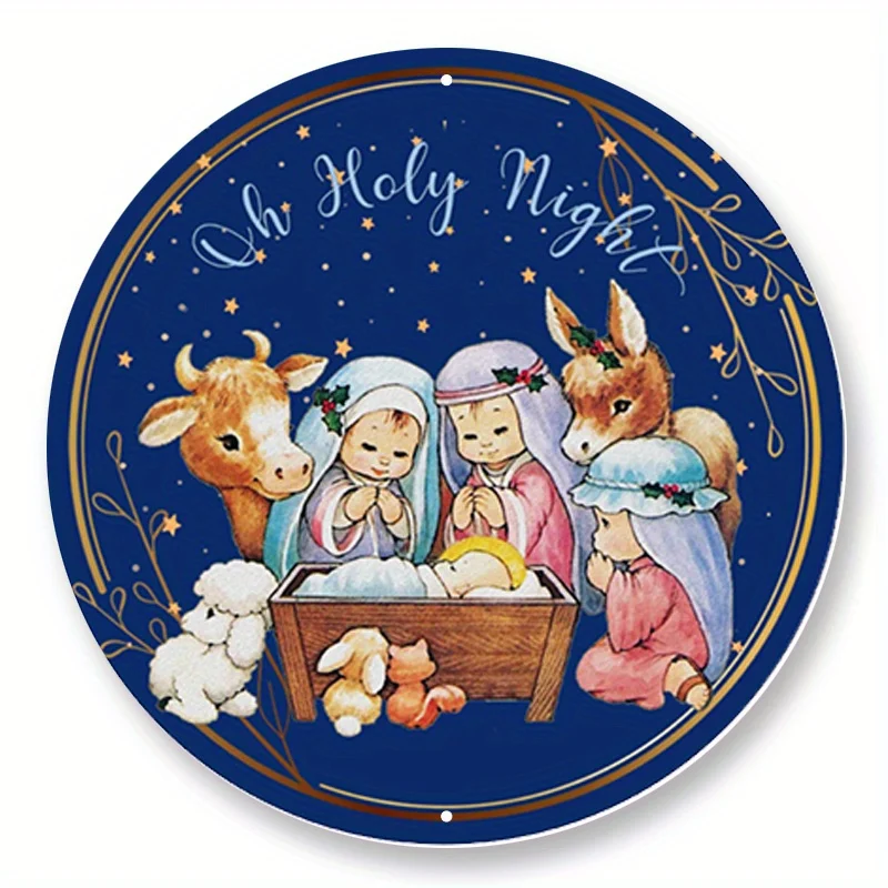 1pc Large 8x8inch Durable Aluminum Metal Sign - Beautiful Holy Night Christmas Manger Wreath Design for Home Decor