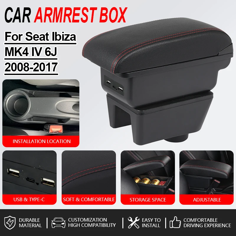 

For Seat Ibiza For Ibiza MK4 IV 6J 2008-2015 2016 2017 Car Console Black Armrest Storage Box Interior Design Car Accessories