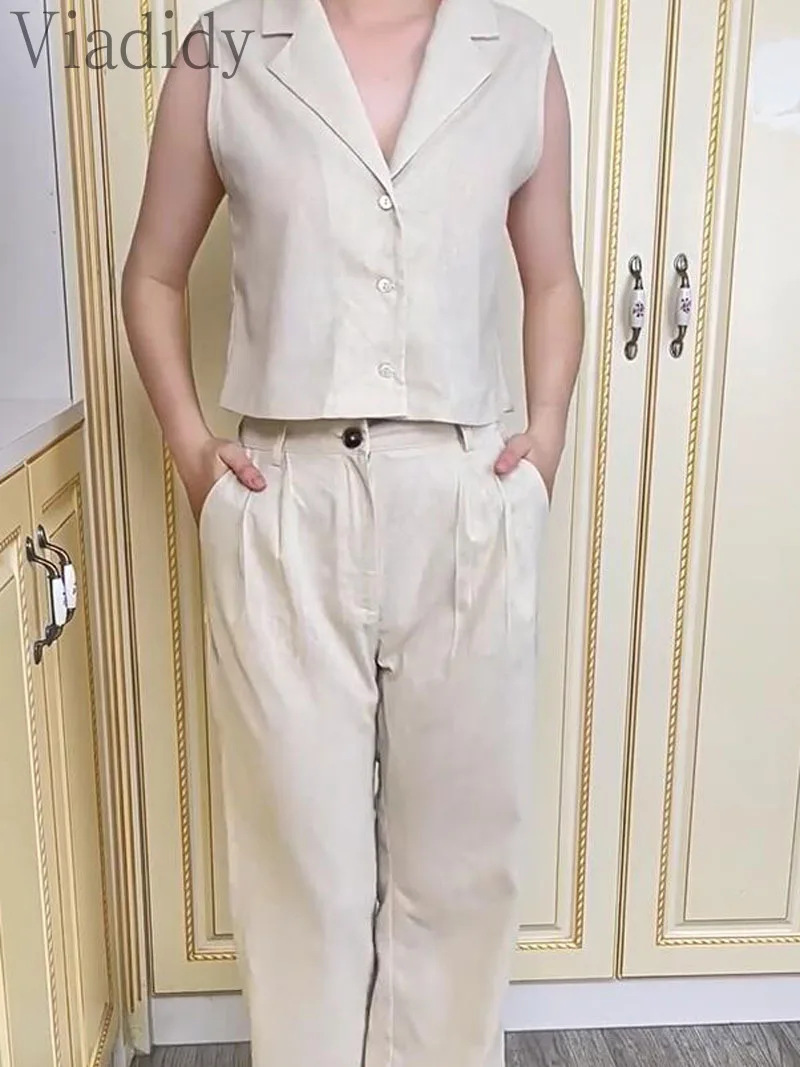 Women Casual Solid Color V Neck Short Sleeve Button Front Vest Top and High Waist Straight Pants 2pcs Set