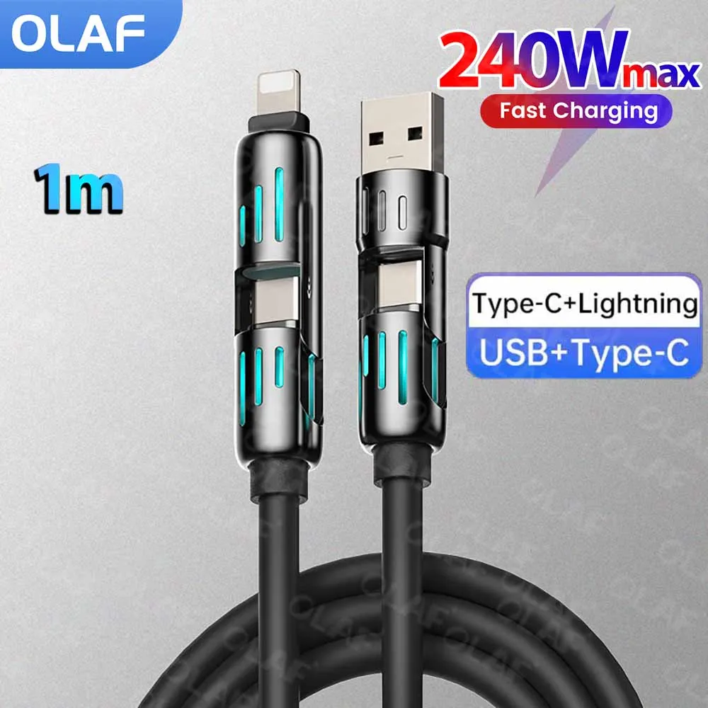 

4 in 1 240W USB Type C Silicone Fast Charging Cable 5A USB Type C To Lightning Super Fast Charge Data Cable For iPhone 15 Xiaomi