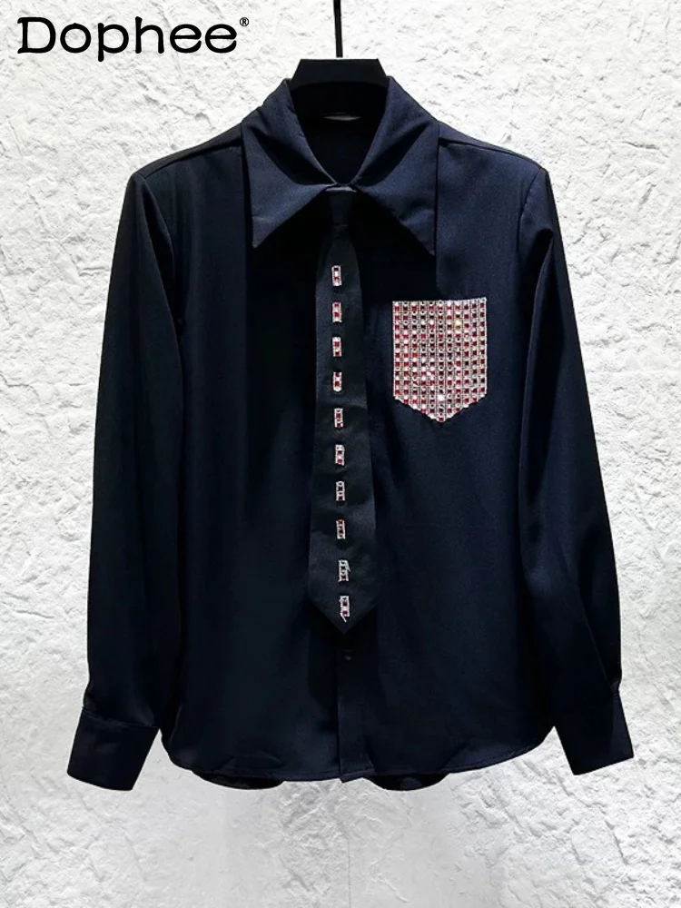 

2026 Men's Summer Personality Hot Diamond Design Tie Shirt Men's Light Luxury High-end Tops Comfort Versatile Long Sleeve Shirts