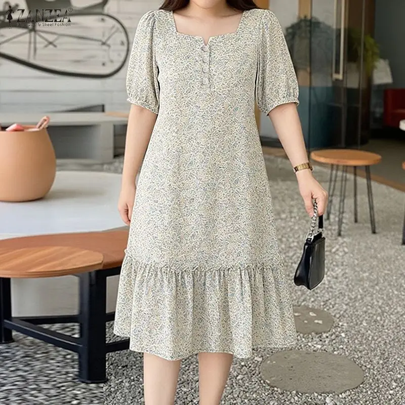 ZANZEA Damen-Midikleid mit Blumenmuster, quadratischer Ausschnitt, halbe Puffärmel, A-Linien-Kleider, Sommer-Pullover, Rüschensaum, Roben für Damen