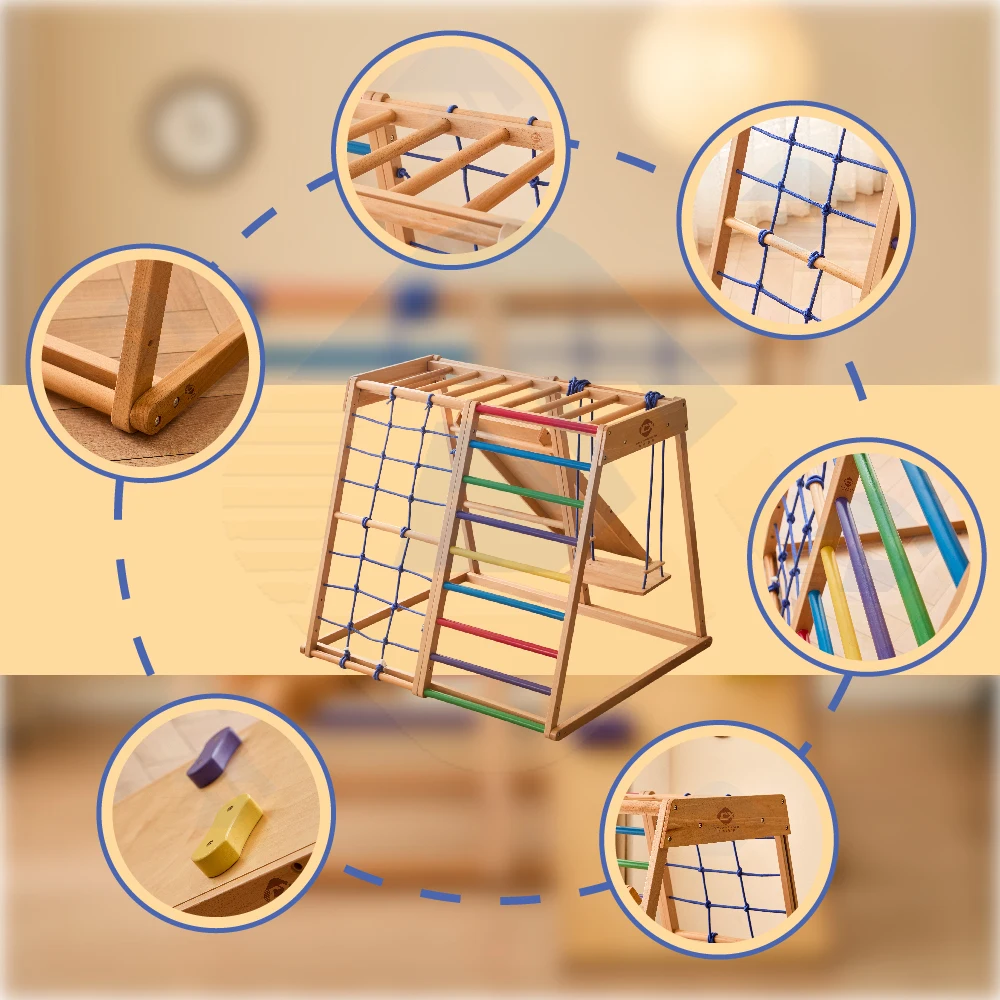 Wooden Rainbow Climbing Frame Indoor Playground Indoors for Kids Activity Climber Ladder Swing Slide Play Structure Set