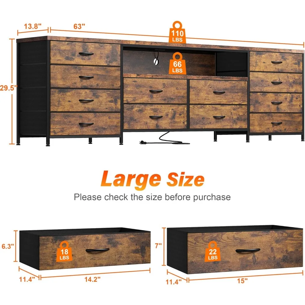 75 Inch TV 63" W Dresser TV Stand for Bedroom with LED Lights & Power Outlets & 12 Drawers Dresser image 3