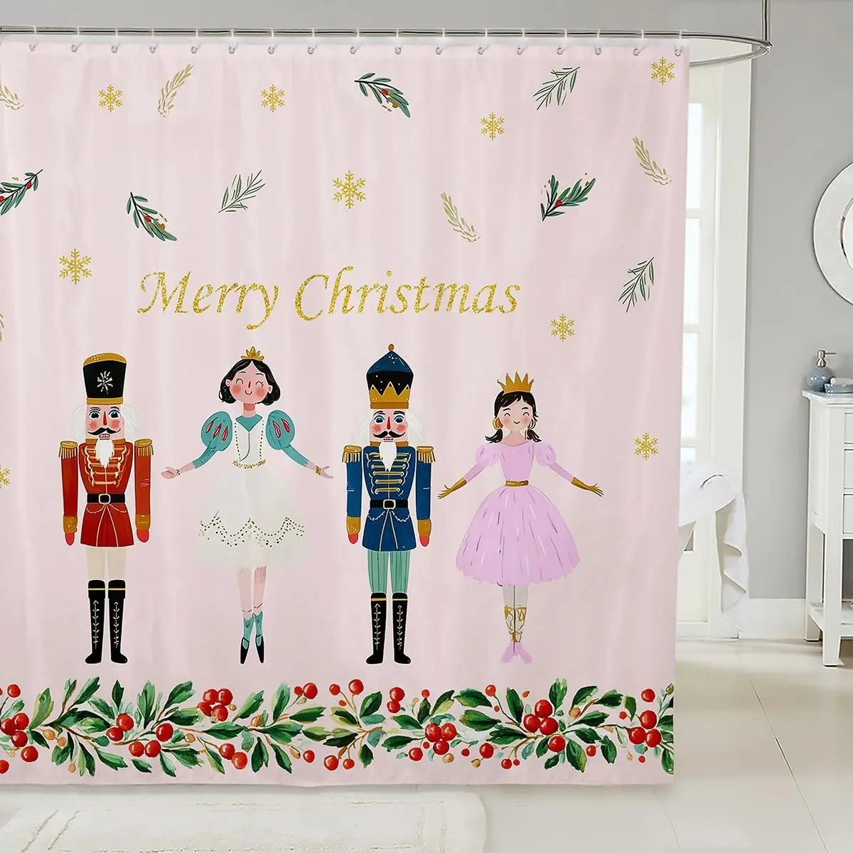 

Pink Christmas Nutcracker Shower Curtain with Ballet Theme, Waterproof Princess Bathroom Decor for Girls Holiday Celebration