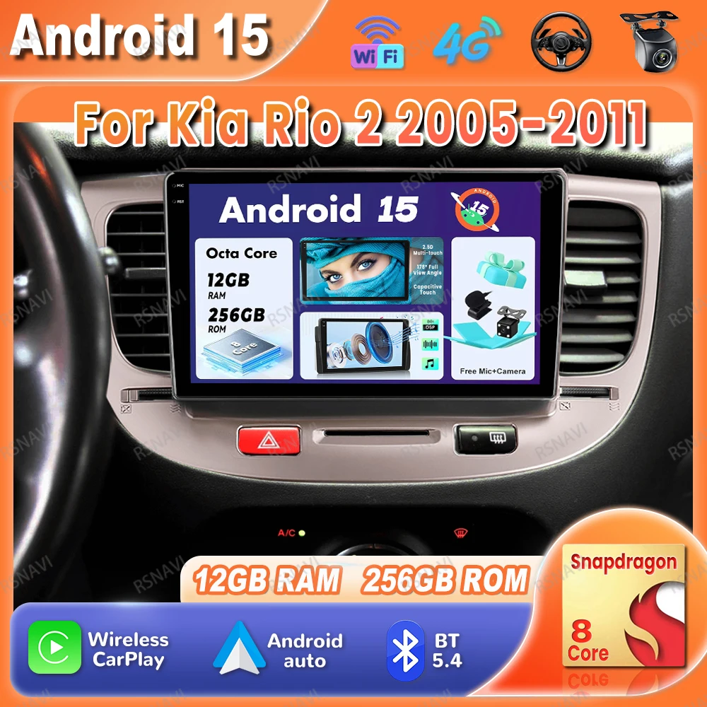 

Автомобильный радиоприемник Android 15 для Kia Rio 2 2005-2011, беспроводной Carplay Auto Qualcomm 4G LTE, мультимедийный 5G, WIFI, навигационный головное устройство QLED