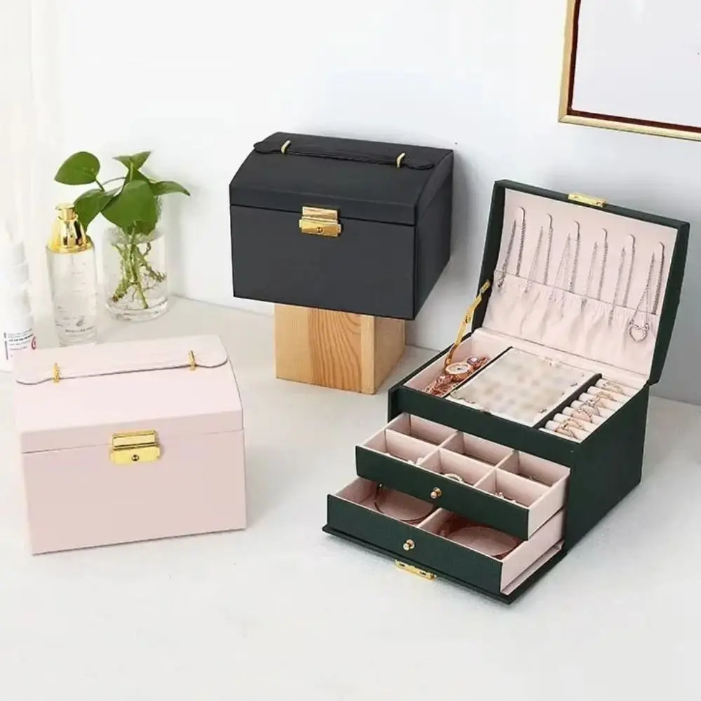 Caixa de jóias de couro grande capacidade multi-camada organizador de jóias estilo gaveta com bloqueio brincos pulseiras expositor mulher