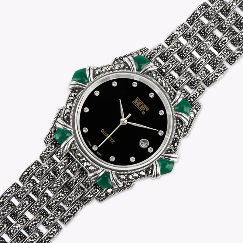 YYSUNNY Classic Polygon Watch S925 Sterling Silver Strap Inlaid Green Onyx Vintage High Quality Ladies Jewelry Birthday Gift