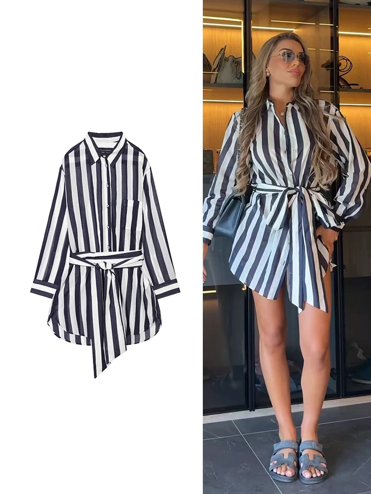 TFMLN Lässiges gestreiftes Hemd für Damen, langärmlig, Revers, einreihig, schicker Gürtel, lange Bluse, Damenmode 2026, Sommer-Top