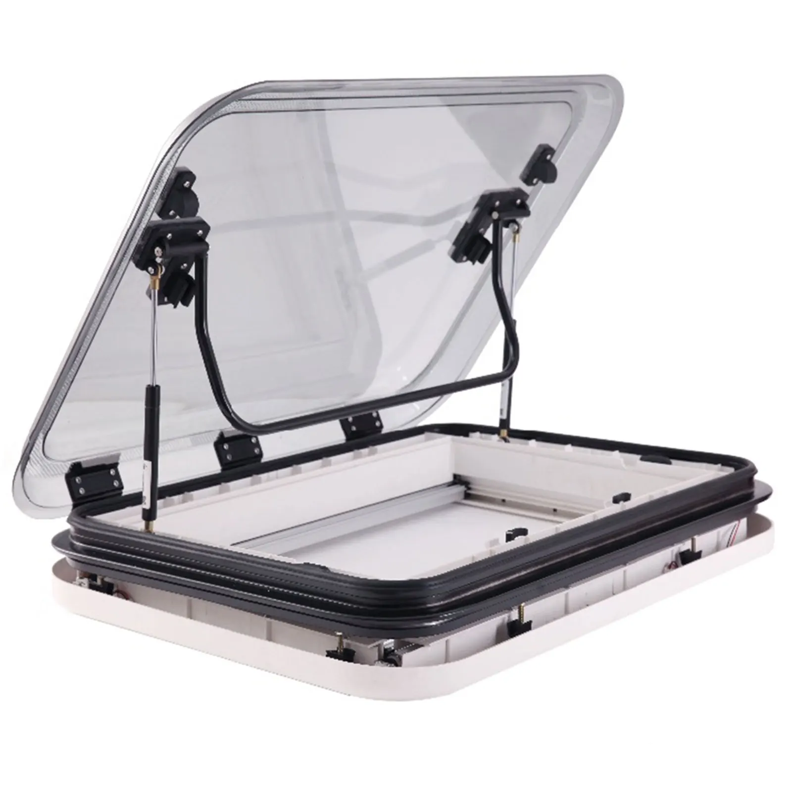 نافذة سقف RV مقاس 500 × 500 مم، كوة RV LED مع ضوء LED، فتحة تهوية علوية للسقف، 70 °   زاوية الفتح، نافذة سقف القافلة، أبيض