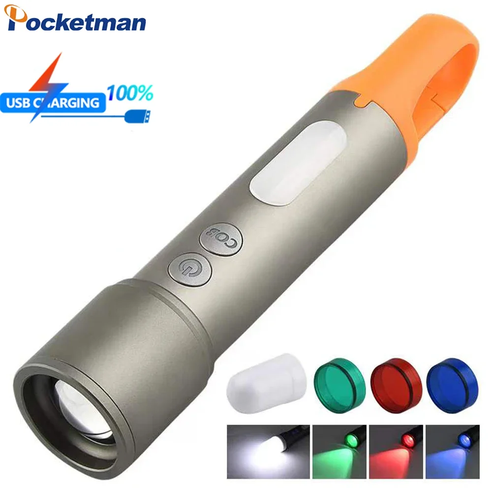 

Super Bright Multifunctional LED Flashlight Red/Green/UV Light Zoom Torch Portable Rechargeable Work Light