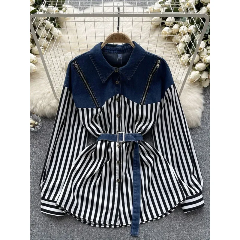 

Women Spring Autumn Blouse Design Sense Top New Niche Denim Color Contrast Patchwork Medium Length Long Sleeved Shirt D5022