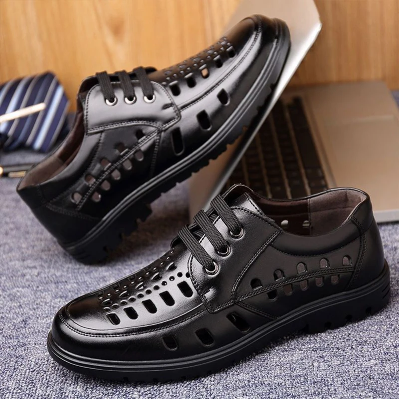 

Summer Men's Sandals Breathable Hollow Out Men Casual Shoes Luxury Lace-up Leather Shoes Outdoor Comfor Men sandalias 2026 New