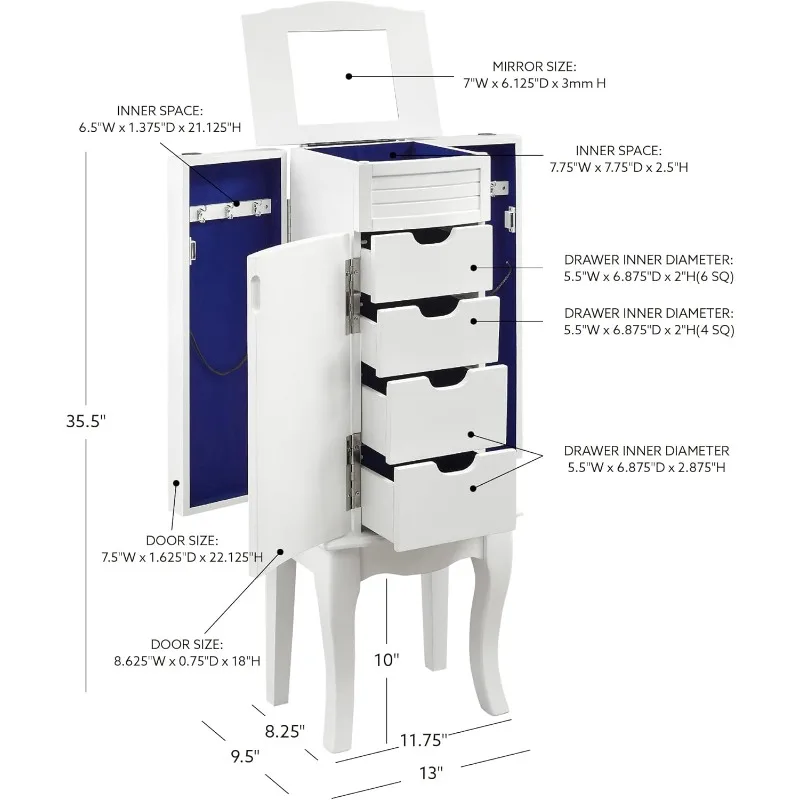 White Dorthy Wooden Jewelry Armoire with Shutter Style Front