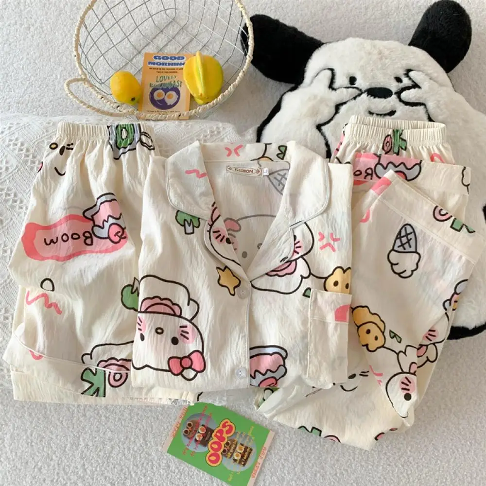 

Kawaii 3Pcs Women's Pajamas Suit Anime Hello Kitty Autumn Nightwear Summer Soft Cute Girls Short Sleeves Shorts Pants Homewear