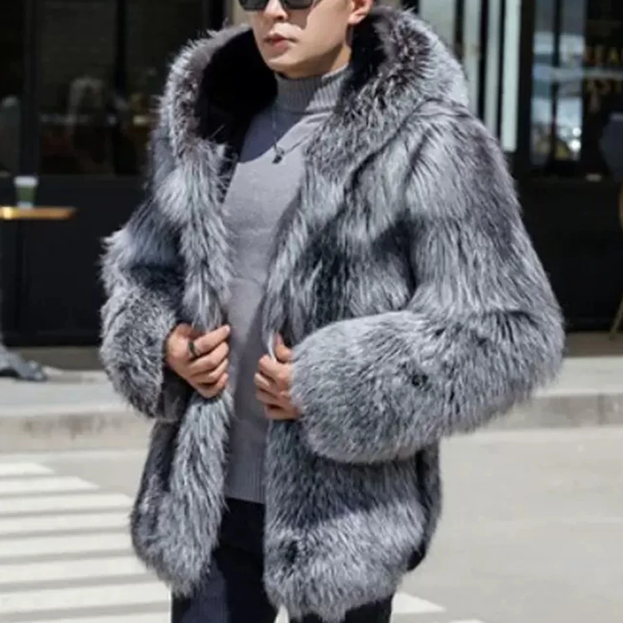 

High Quality Real Sliver Fox Fur Coat For Men Winter Warm Natural Fox Fur Overcoat Latest Design With Hood