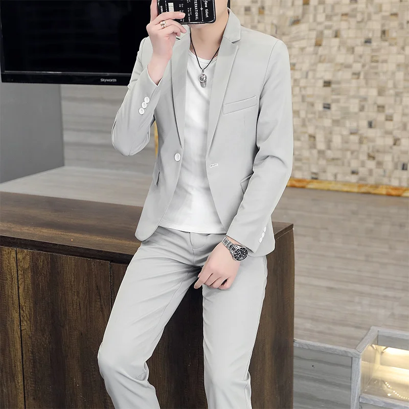 Clothes M-4XL, Pants M-5XL, Autumn and Winter High Quality Fashion Handsome New Solid Color Korean Version Small Suit Set 2 Sets