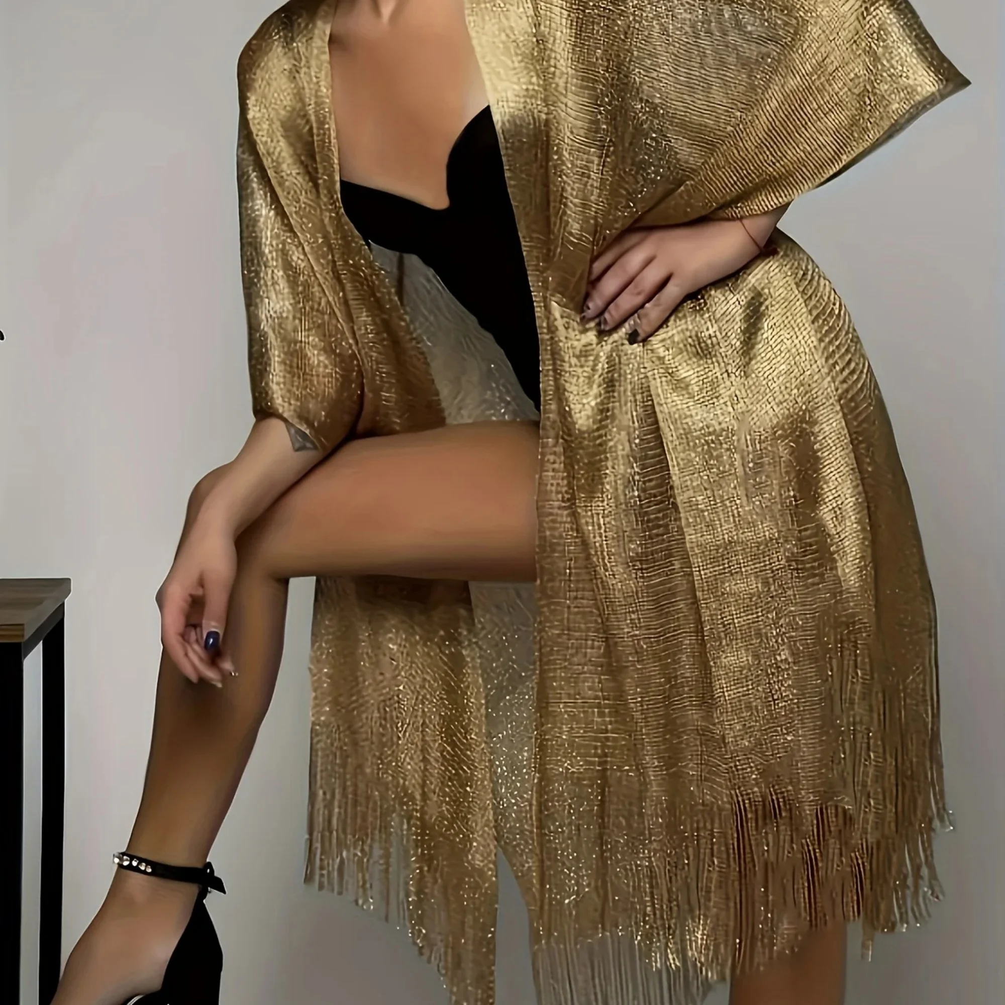 Sexy Fashion Banquet Sunscreen Shawl Gold Silver Shiny Scarves Women Lace Tassel Party Evening Holiday Bikini Topdress Scarf