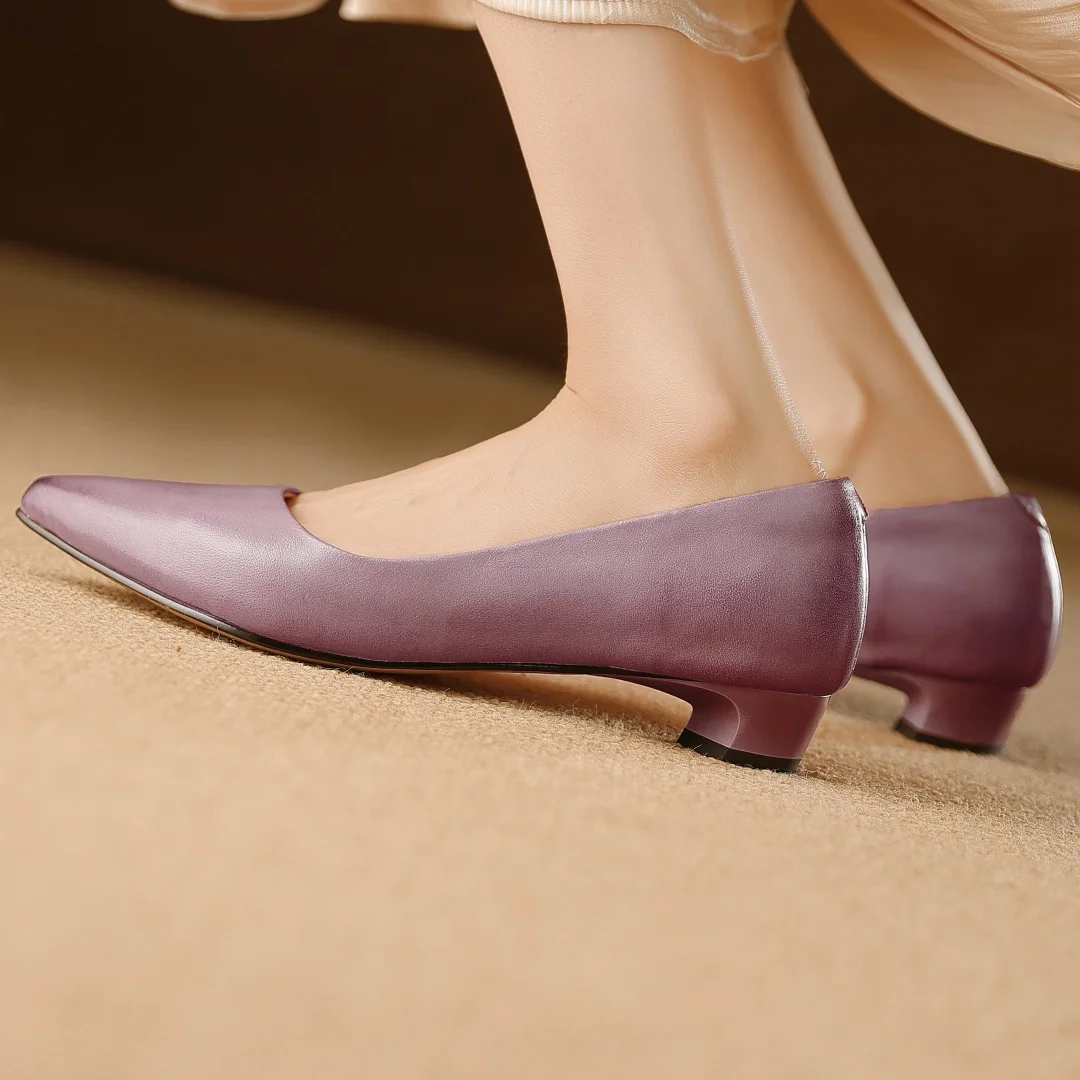 Zapatos de tacón de gatito con punta estrecha de cuero de vaca para mujer, zapatos elegantes sin cordones de tacón bajo para mujer, zapatos de tacón suaves y cómodos de alta calidad
