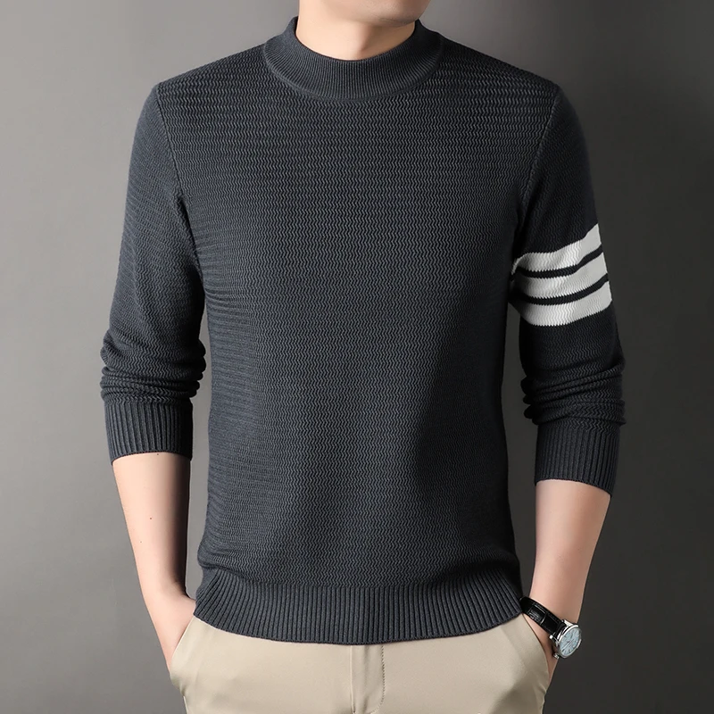 

Luxury trend striped men's knitted sweater fashion high quality brand wave grain new casual round neck comfort warmth pullover